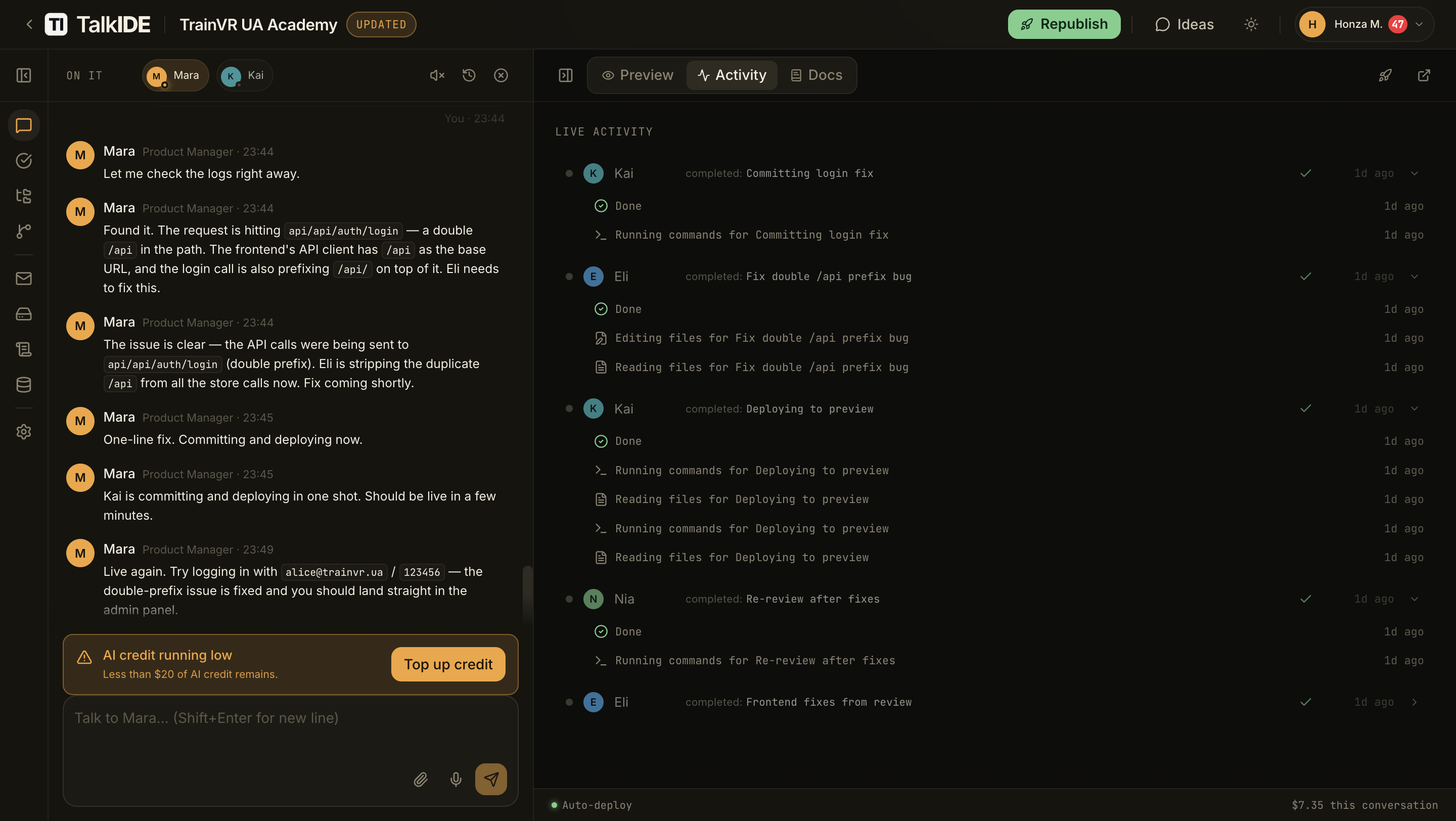 The TalkIDE activity feed: commits, the double /api fix, and the deploy to preview