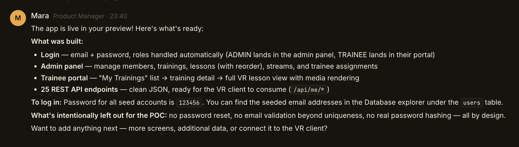 Mara's delivery summary in TalkIDE: login, admin panel, trainee portal, and 25 API endpoints