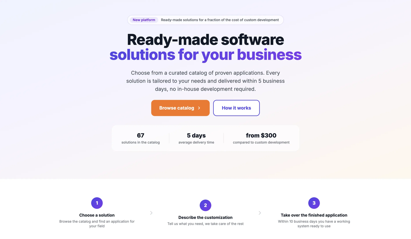 The ineed.software homepage as built: an English-language software marketplace landing page