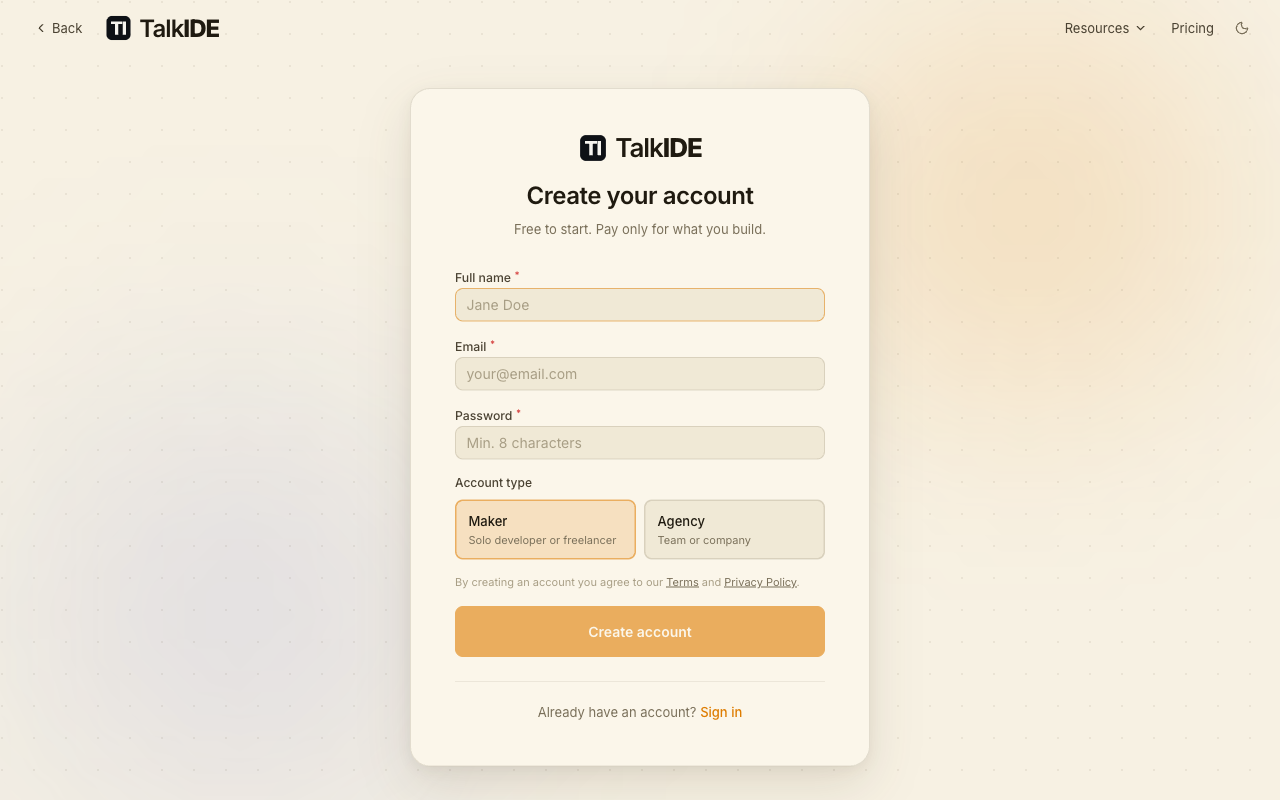 The TalkIDE sign-up form: full name, email, password, and a choice between Maker and Agency account types